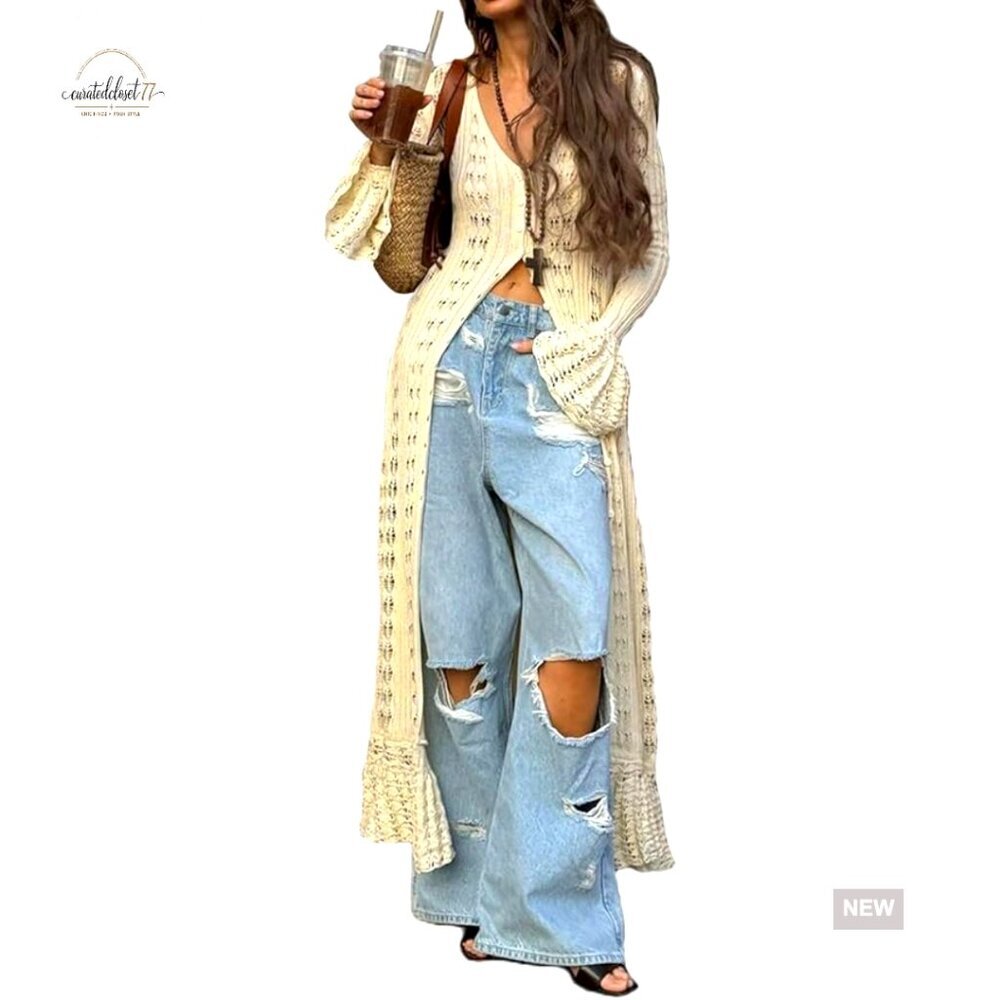 Crochet Knit Maxi Dress Long Sleeve Hollow Out Button Down Cover Up